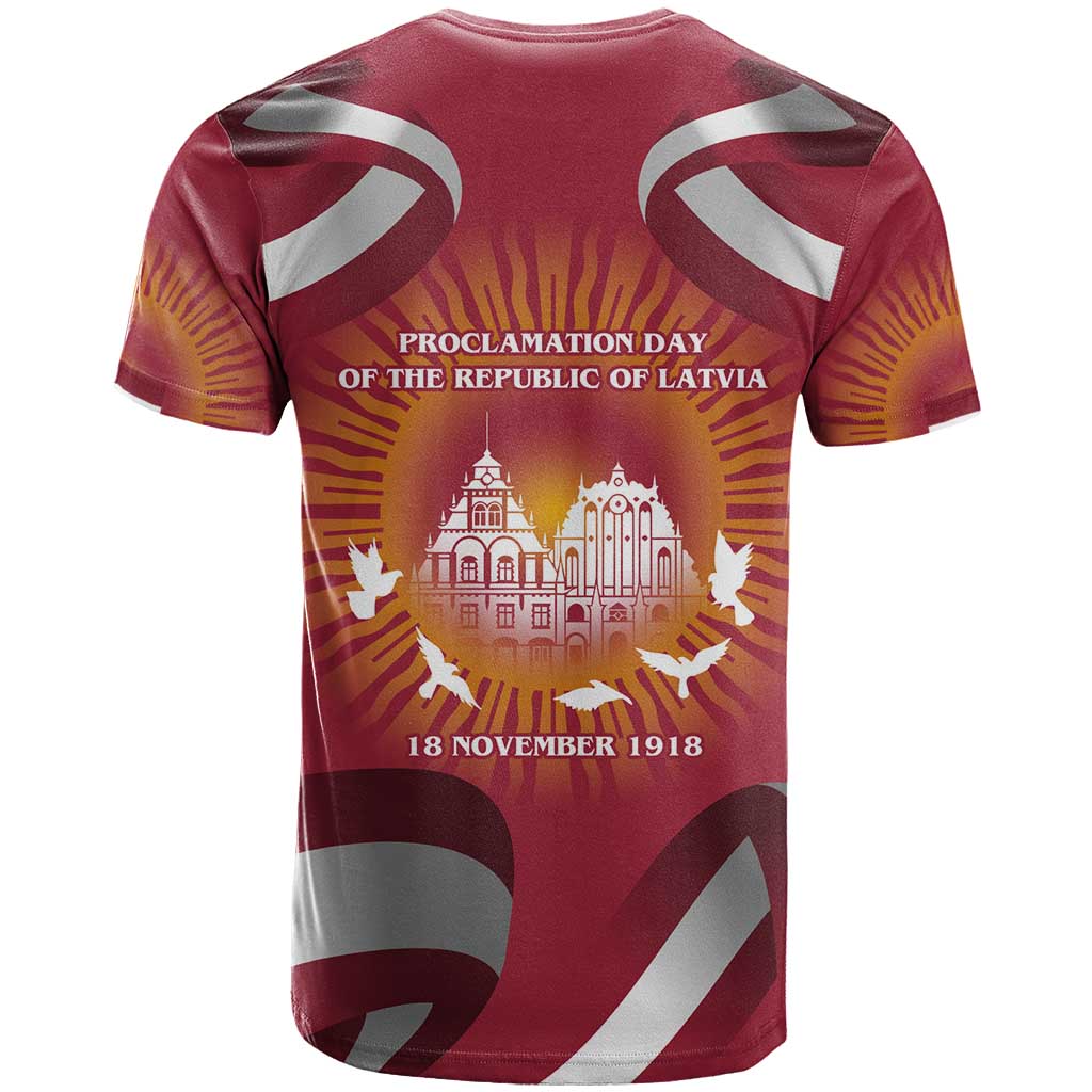 Latvia T-Shirt with Freedom Monument and Doves Graphic 18 November 1918 Design Graphic Tee