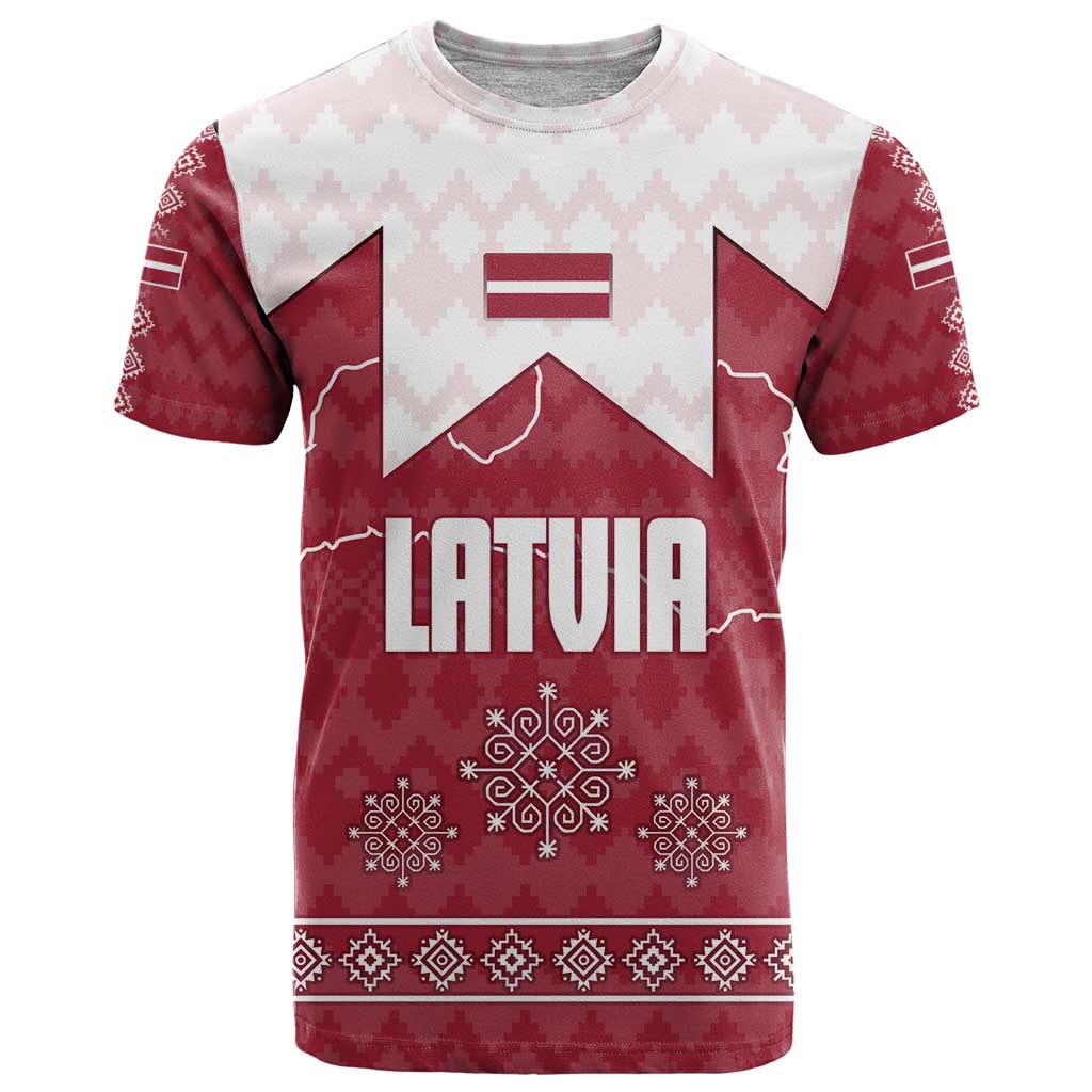 Latvia T-Shirt with National Coat of Arms and Knit Pattern Three Stars One Heart Design Graphic Tee