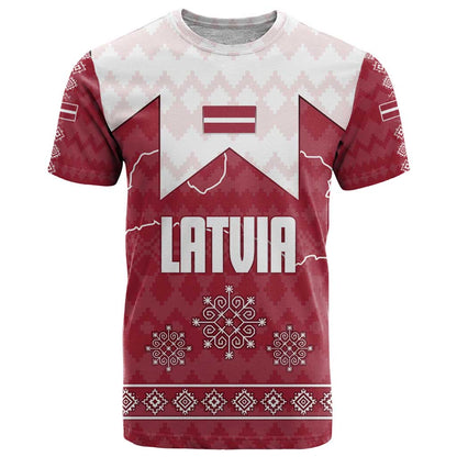 Latvia T-Shirt with National Coat of Arms and Knit Pattern Three Stars One Heart Design Graphic Tee