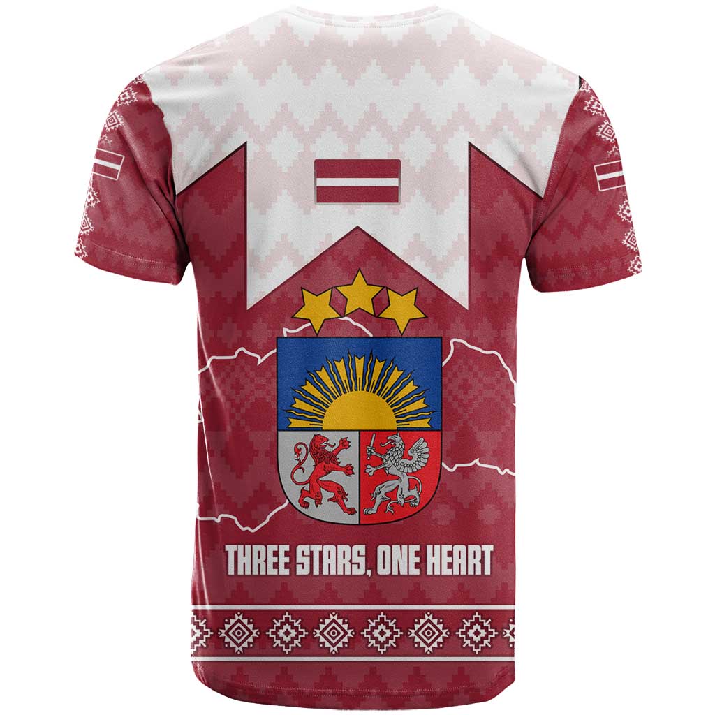 Latvia T-Shirt with National Coat of Arms and Knit Pattern Three Stars One Heart Design Graphic Tee