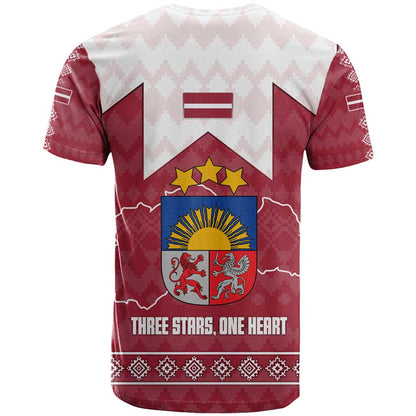 Latvia T-Shirt with National Coat of Arms and Knit Pattern Three Stars One Heart Design Graphic Tee