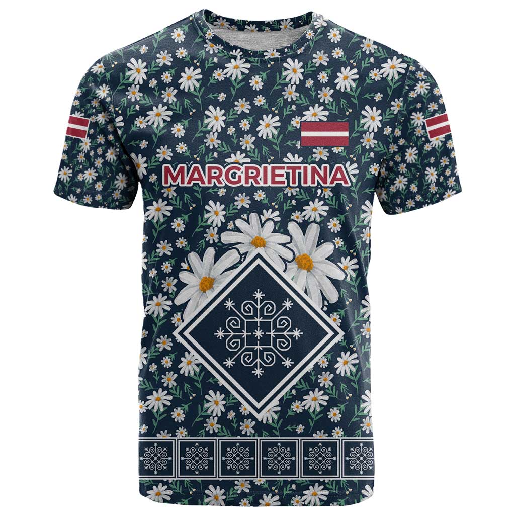 Latvia T-Shirt with Margrietina Daisy and Ethnic Pattern Latvia in Bloom Floral Design Graphic Tee