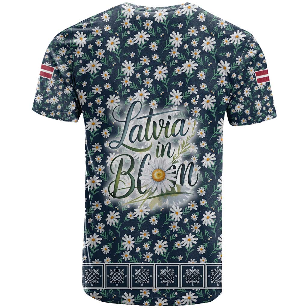 Latvia T-Shirt with Margrietina Daisy and Ethnic Pattern Latvia in Bloom Floral Design Graphic Tee