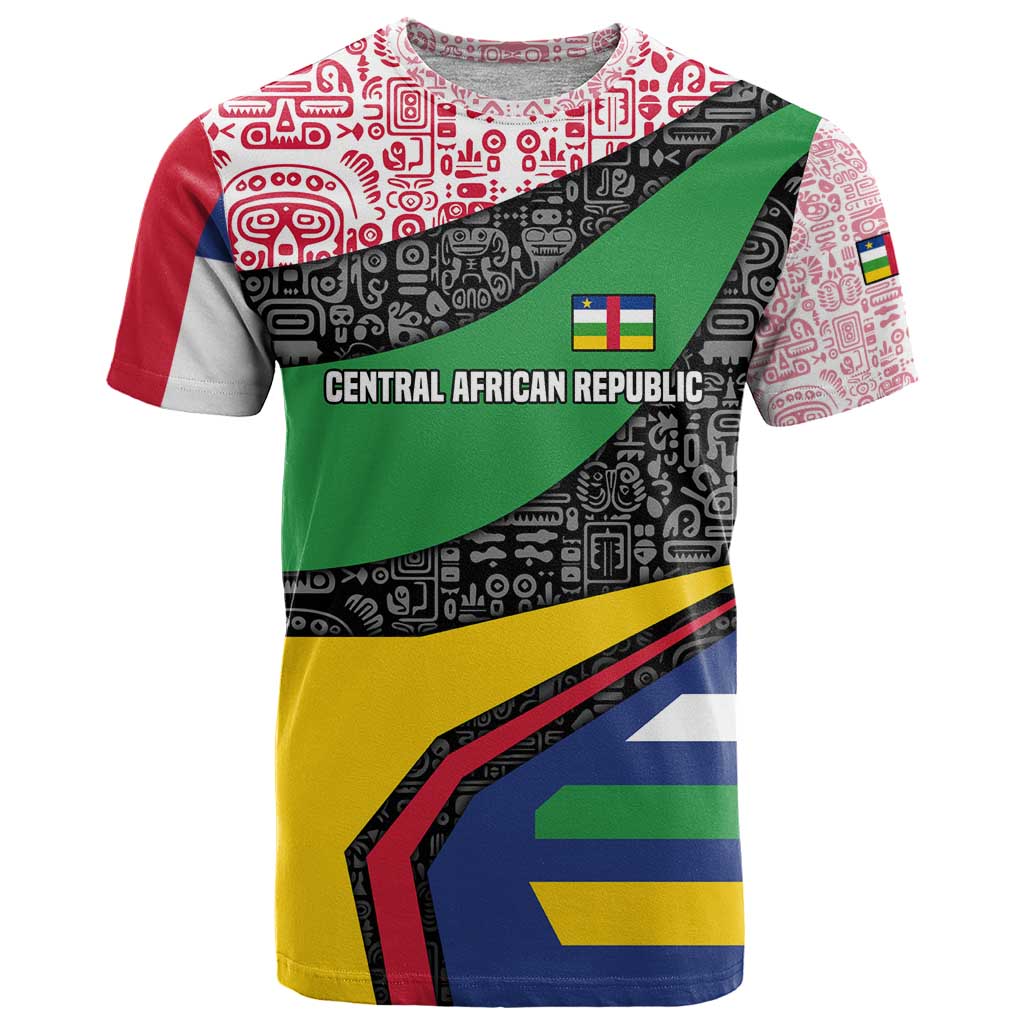 Central African Republic T-Shirt with Multicolor Tribal Design and National Emblem Graphic Tee