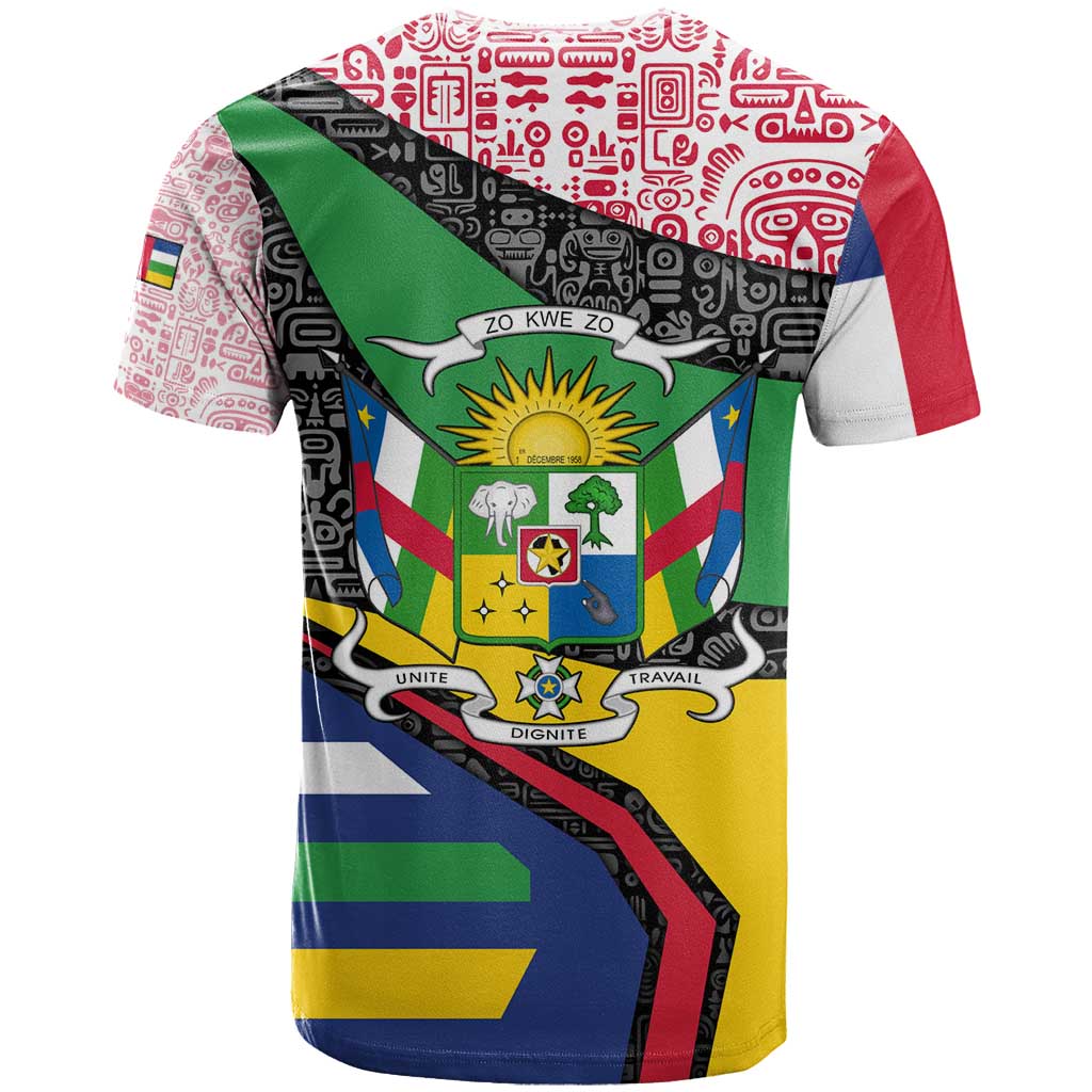 Central African Republic T-Shirt with Multicolor Tribal Design and National Emblem Graphic Tee