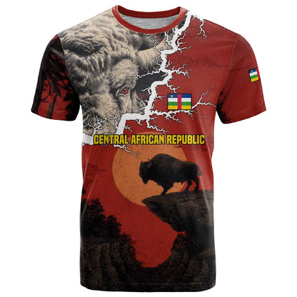 Central African Republic T-Shirt with Red Black Nature Design and Buffalo Pattern Graphic Tee