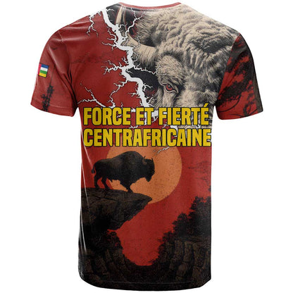 Central African Republic T-Shirt with Red Black Nature Design and Buffalo Pattern Graphic Tee