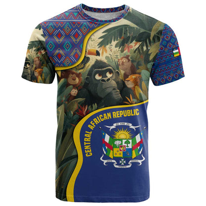 Central African Republic T-Shirt with Jungle Animal Design and National Emblem Pattern Graphic Tee