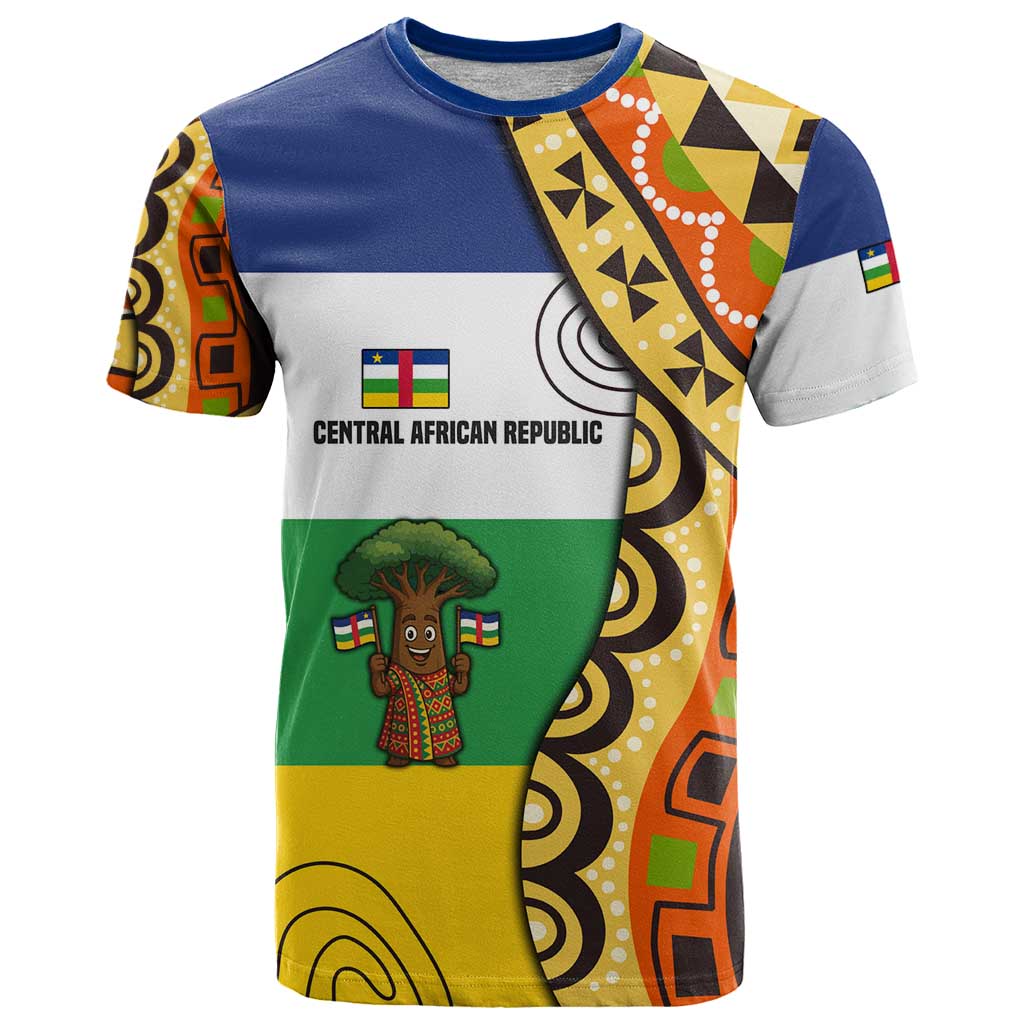 Central African Republic T-Shirt with Cartoon Baobab Design and Flag Pattern Graphic Tee