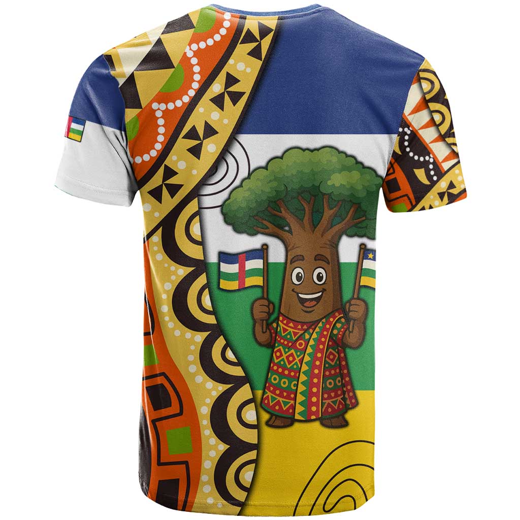 Central African Republic T-Shirt with Cartoon Baobab Design and Flag Pattern Graphic Tee