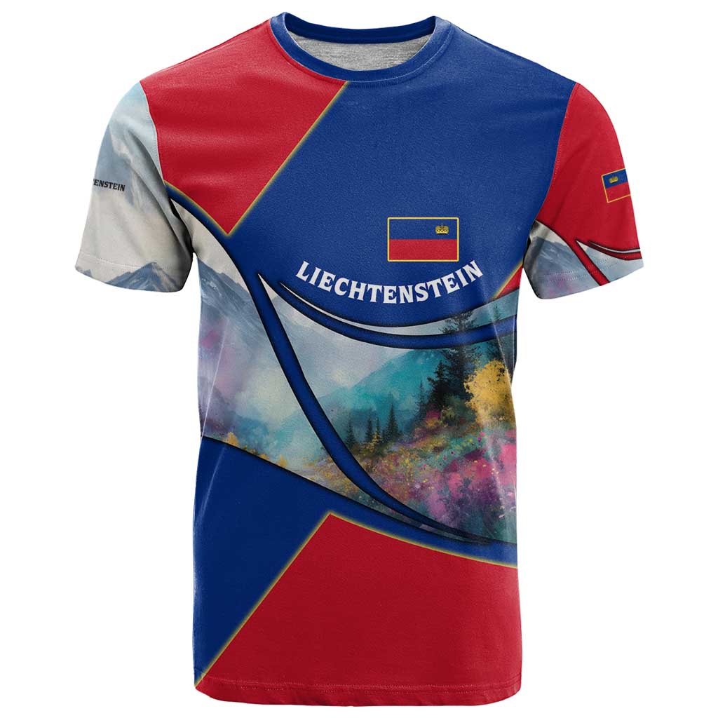 Liechtenstein T-Shirt with Red Blue Mountain Landscape Design and Crown Emblem Graphic Tee