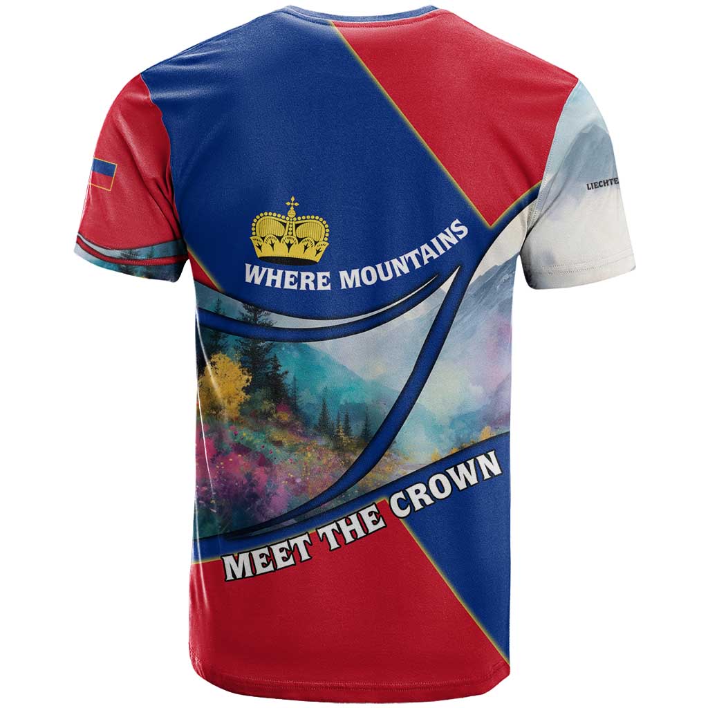 Liechtenstein T-Shirt with Red Blue Mountain Landscape Design and Crown Emblem Graphic Tee