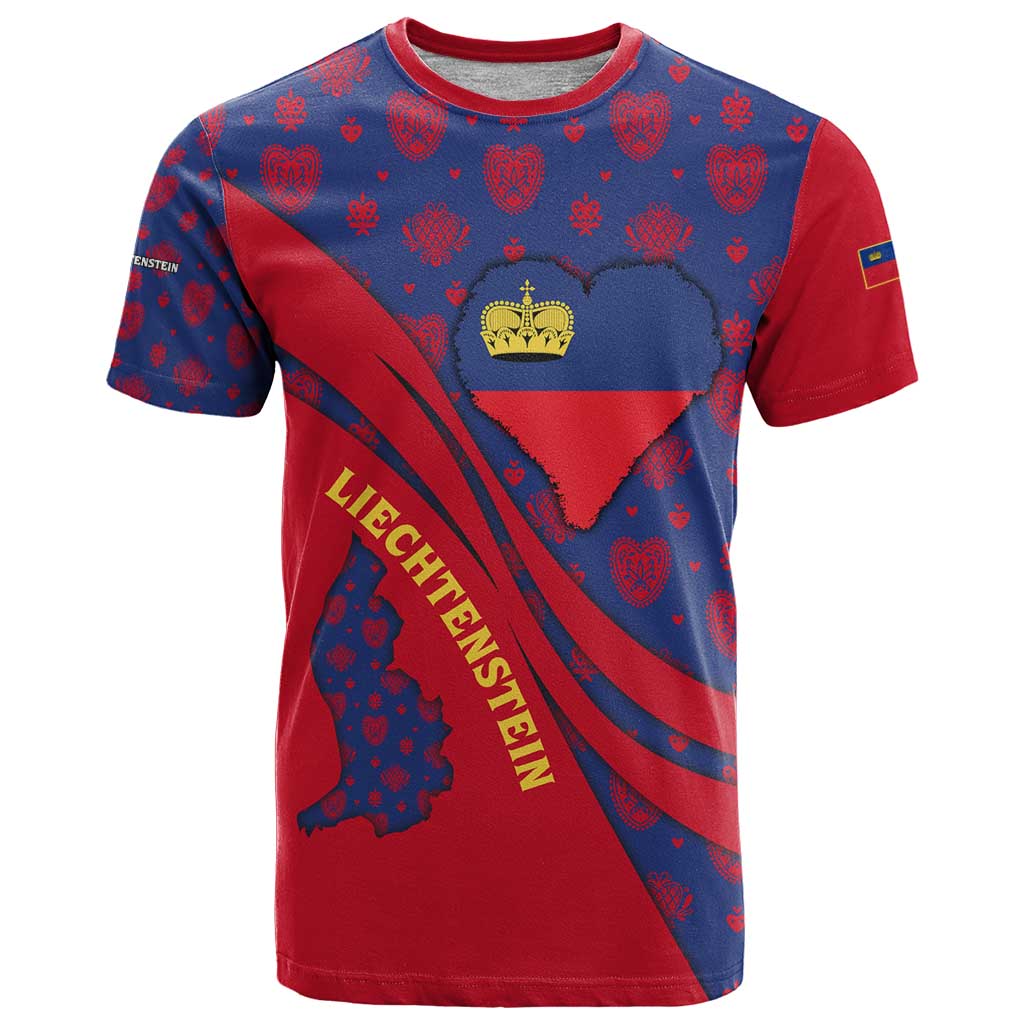 Liechtenstein T-Shirt with Red Blue Heart Design and Royal Coat of Arms Pattern Graphic Tee