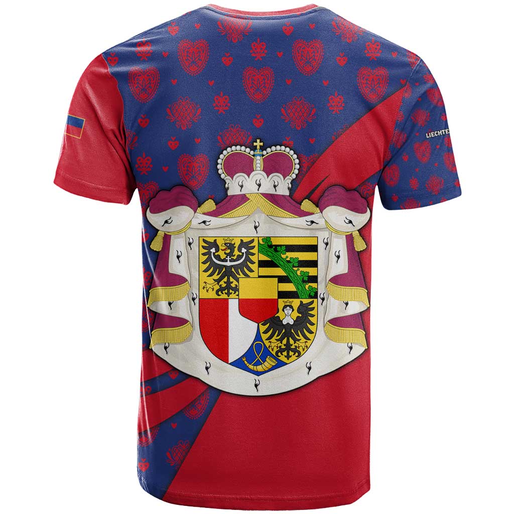 Liechtenstein T-Shirt with Red Blue Heart Design and Royal Coat of Arms Pattern Graphic Tee