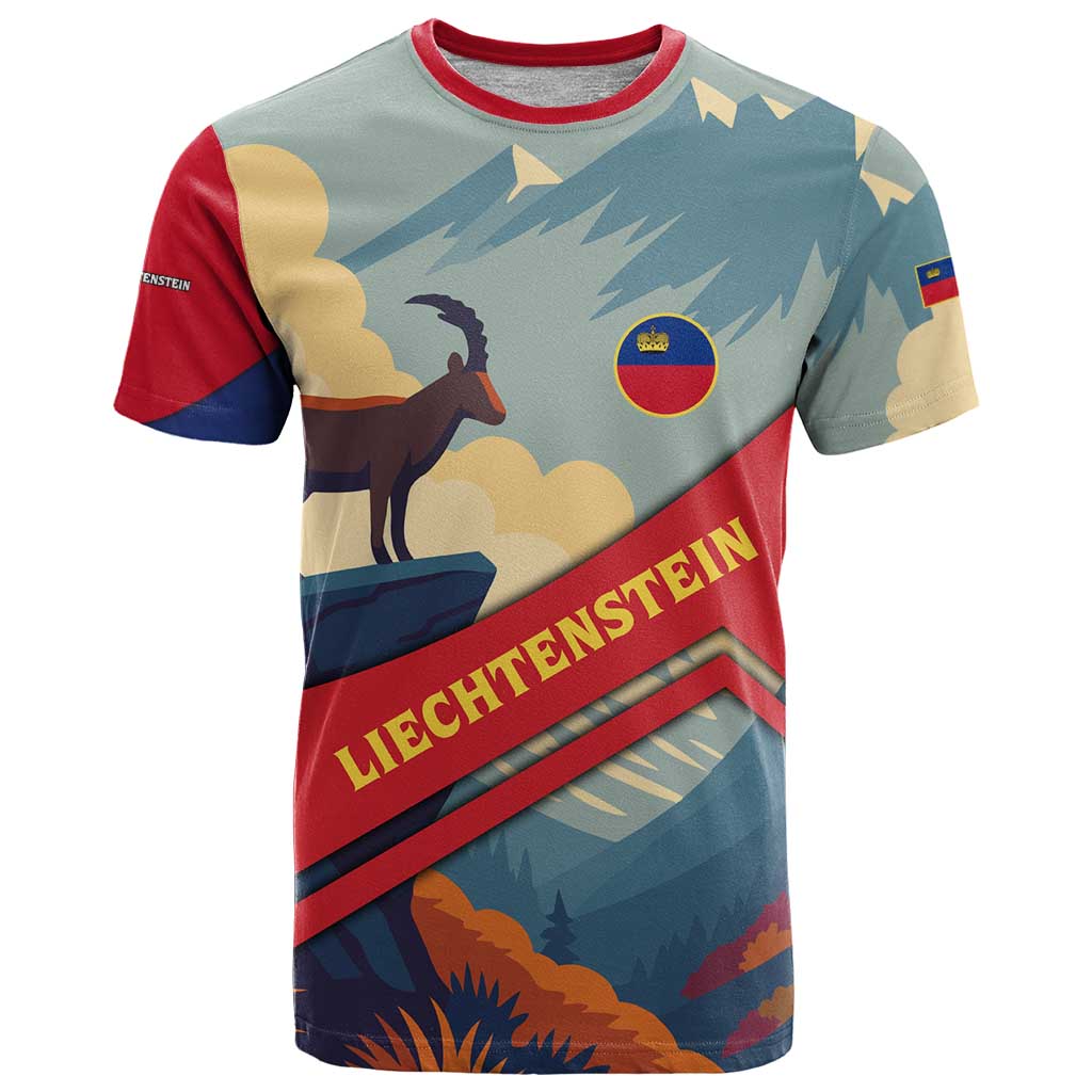 Liechtenstein T-Shirt with Mountain Goat Landscape Design and Red Blue Alps Graphic Tee