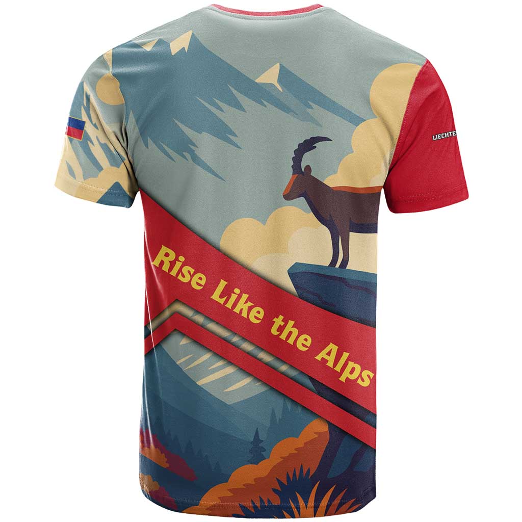 Liechtenstein T-Shirt with Mountain Goat Landscape Design and Red Blue Alps Graphic Tee