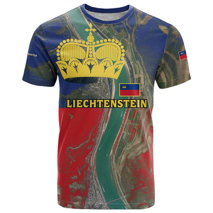 Liechtenstein T-Shirt with Red Blue Aerial River Design and Yellow Crown Emblem Graphic Tee