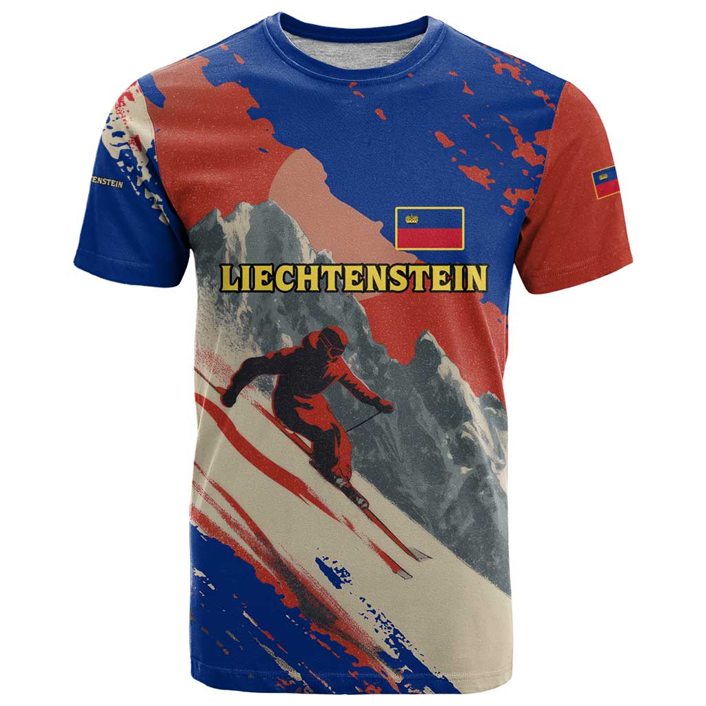 Liechtenstein T-Shirt with Alpine Skiing Red Blue Design and Mountain Landscape Graphic Tee