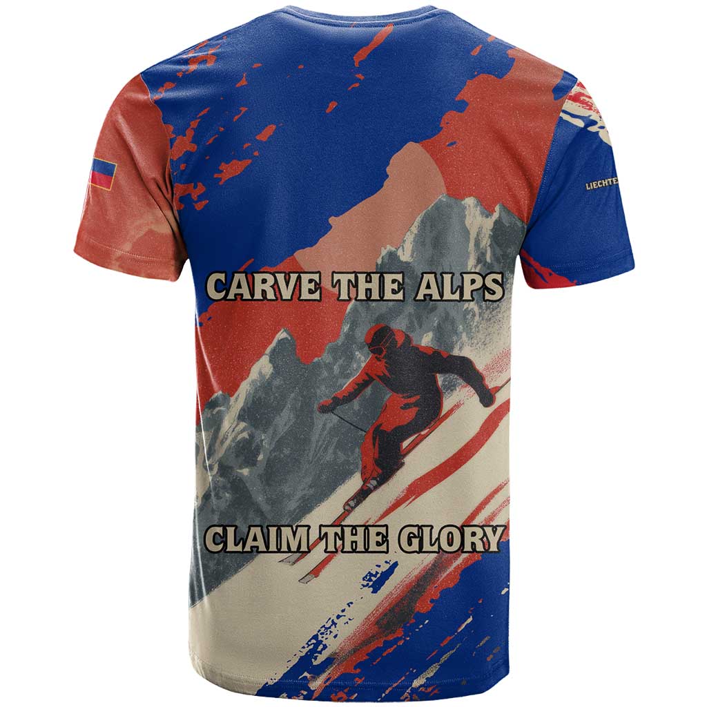 Liechtenstein T-Shirt with Alpine Skiing Red Blue Design and Mountain Landscape Graphic Tee