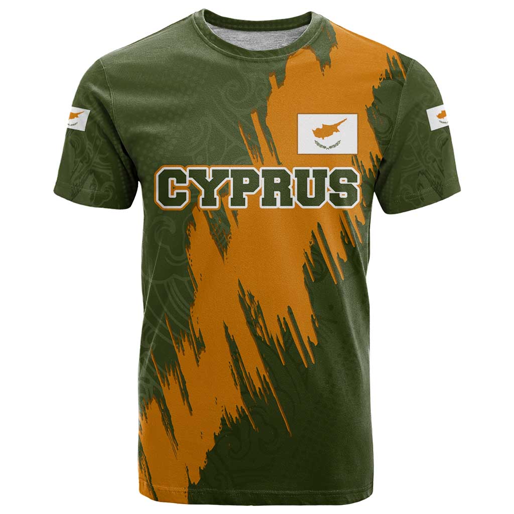 Cyprus T-Shirt with Green Orange Brushstroke Design and National Emblem Graphic Tee