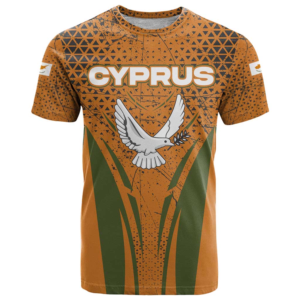 Cyprus T-Shirt with Orange Green Grunge Design and Peace Dove Emblem Graphic Tee