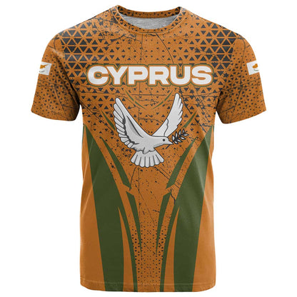 Cyprus T-Shirt with Orange Green Grunge Design and Peace Dove Emblem Graphic Tee
