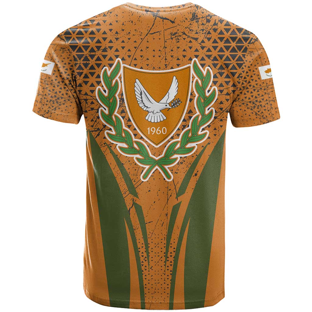 Cyprus T-Shirt with Orange Green Grunge Design and Peace Dove Emblem Graphic Tee