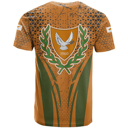 Cyprus T-Shirt with Orange Green Grunge Design and Peace Dove Emblem Graphic Tee