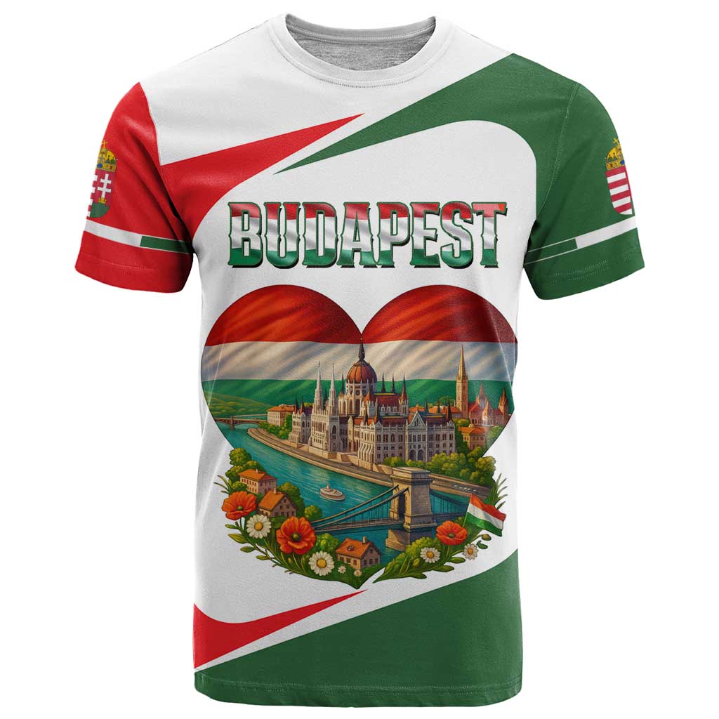 Hungary T-Shirt with Budapest Heart Illustration Design and Crown Emblem Graphic Tee