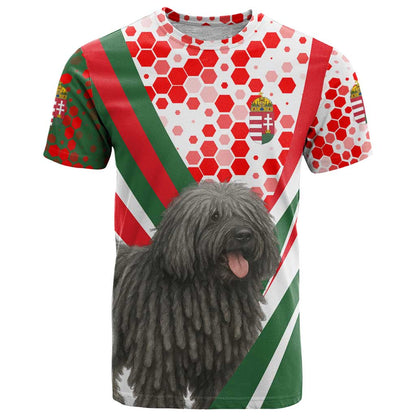 Hungary T-Shirt with Puli Dog Illustration Design and Red Green Hexagon Graphic Tee