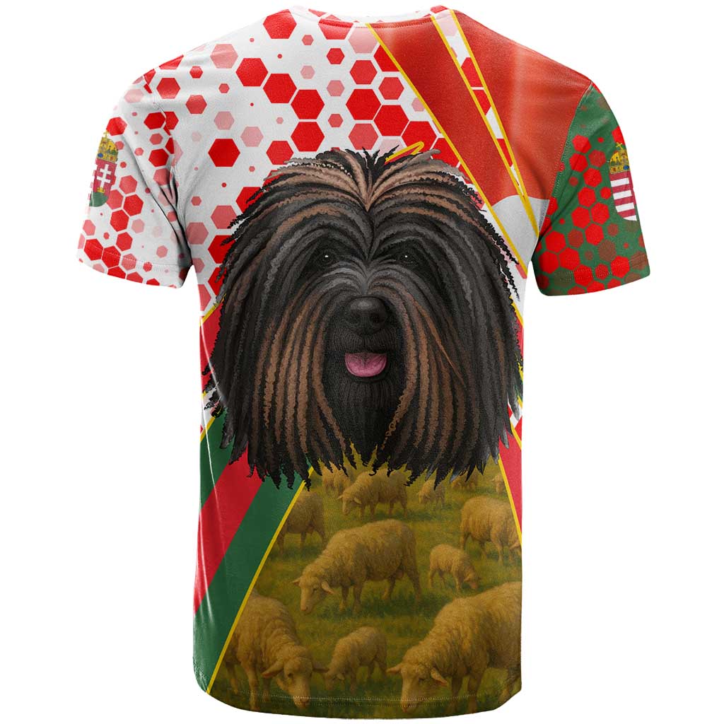 Hungary T-Shirt with Puli Dog Illustration Design and Red Green Hexagon Graphic Tee