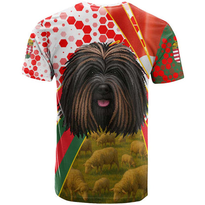 Hungary T-Shirt with Puli Dog Illustration Design and Red Green Hexagon Graphic Tee