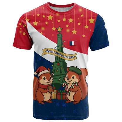France Christmas T-Shirt with Eiffel Tower Chipmunks Candy Canes and Starry Night Design Graphic Tee