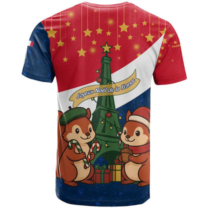 France Christmas T-Shirt with Eiffel Tower Chipmunks Candy Canes and Starry Night Design Graphic Tee