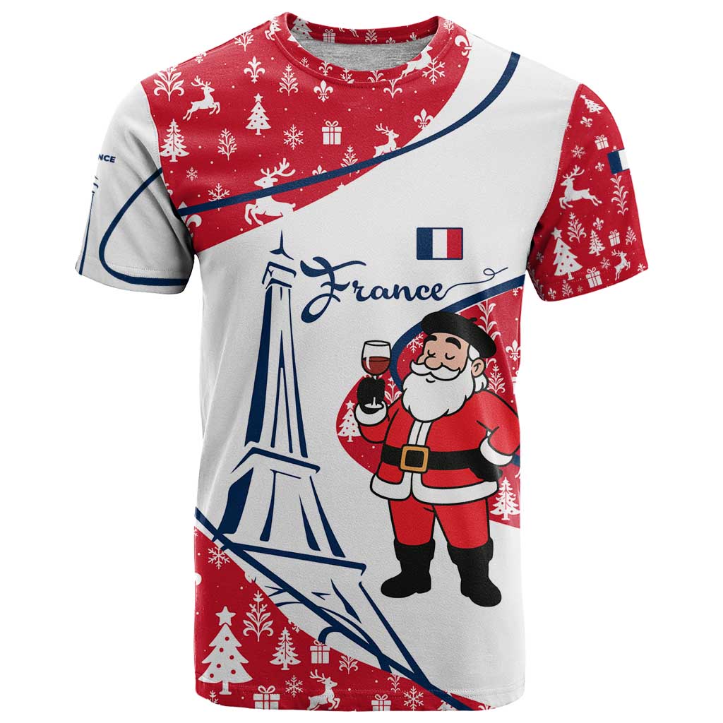 France Christmas T-Shirt with Santa Wine Glass Eiffel Tower and Holiday Icons Design Graphic Tee