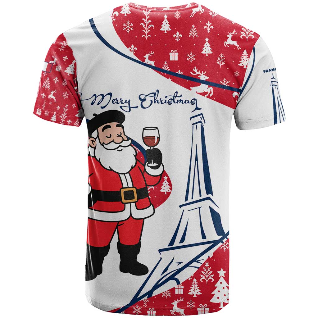France Christmas T-Shirt with Santa Wine Glass Eiffel Tower and Holiday Icons Design Graphic Tee