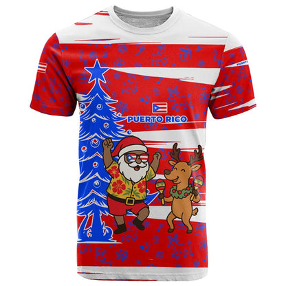 Puerto Rico Christmas T-Shirt with Dancing Santa Reindeer Blue Tree and Festive Flag Design Graphic Tee