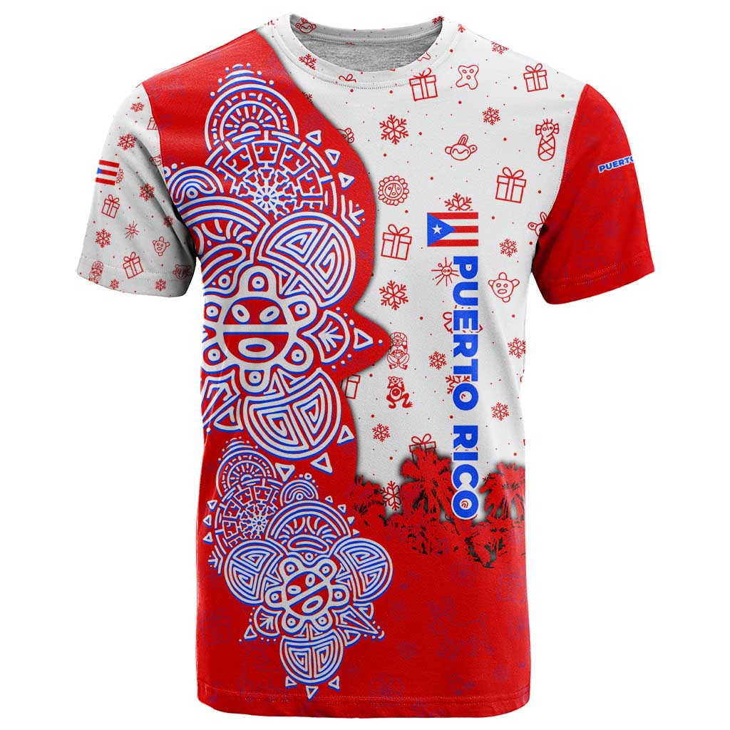 Puerto Rico Christmas T-Shirt with Taino Symbols Palm Tree Bongos and Holiday Pattern Design Graphic Tee