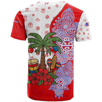 Puerto Rico Christmas T-Shirt with Taino Symbols Palm Tree Bongos and Holiday Pattern Design Graphic Tee