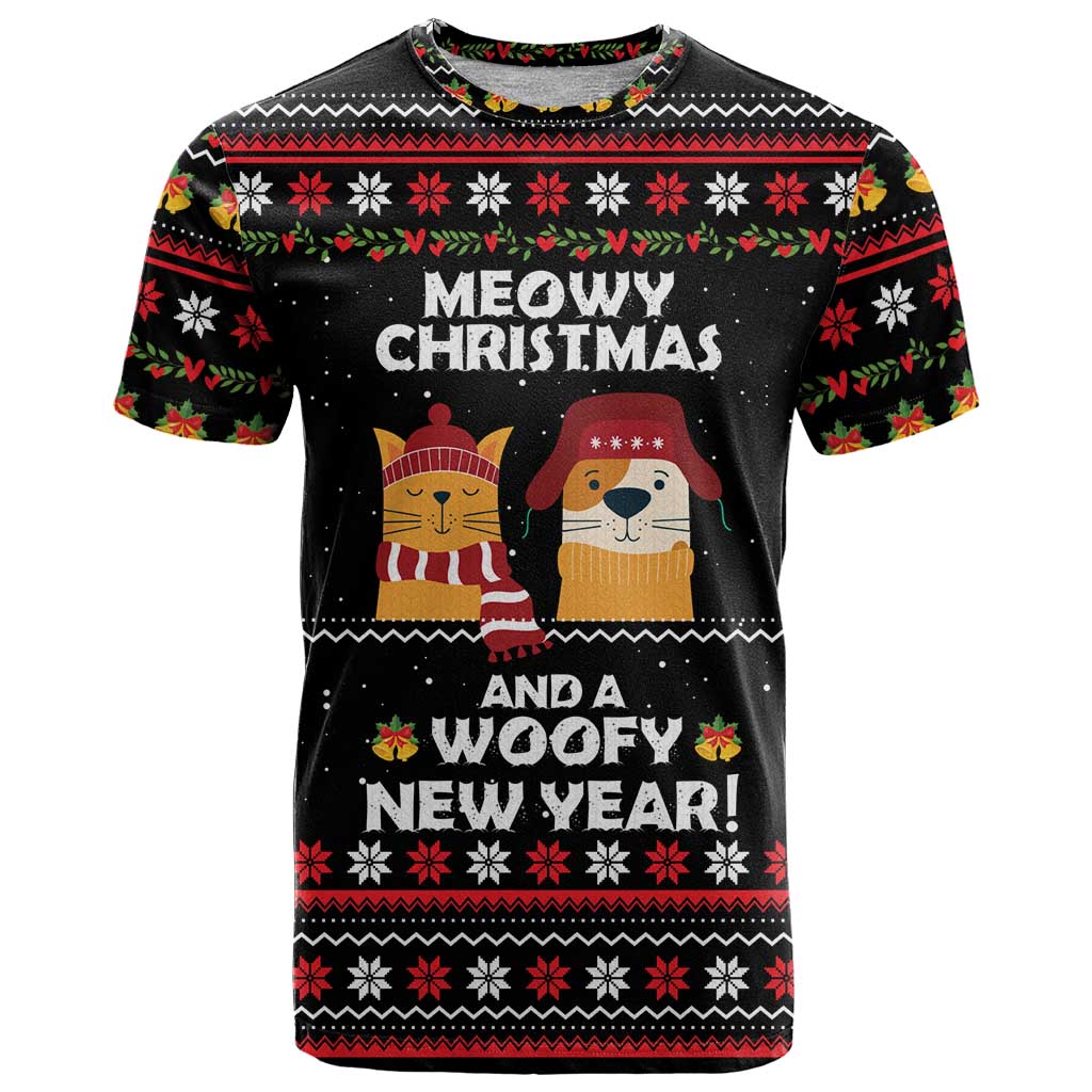 Meowy Christmas Woofy New Year T-Shirt with Cat and Dog in Winter Hats and Festive Pattern Design Graphic Tee