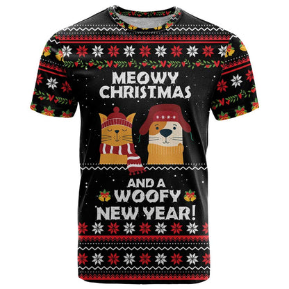 Meowy Christmas Woofy New Year T-Shirt with Cat and Dog in Winter Hats and Festive Pattern Design Graphic Tee