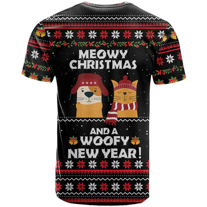 Meowy Christmas Woofy New Year T-Shirt with Cat and Dog in Winter Hats and Festive Pattern Design Graphic Tee