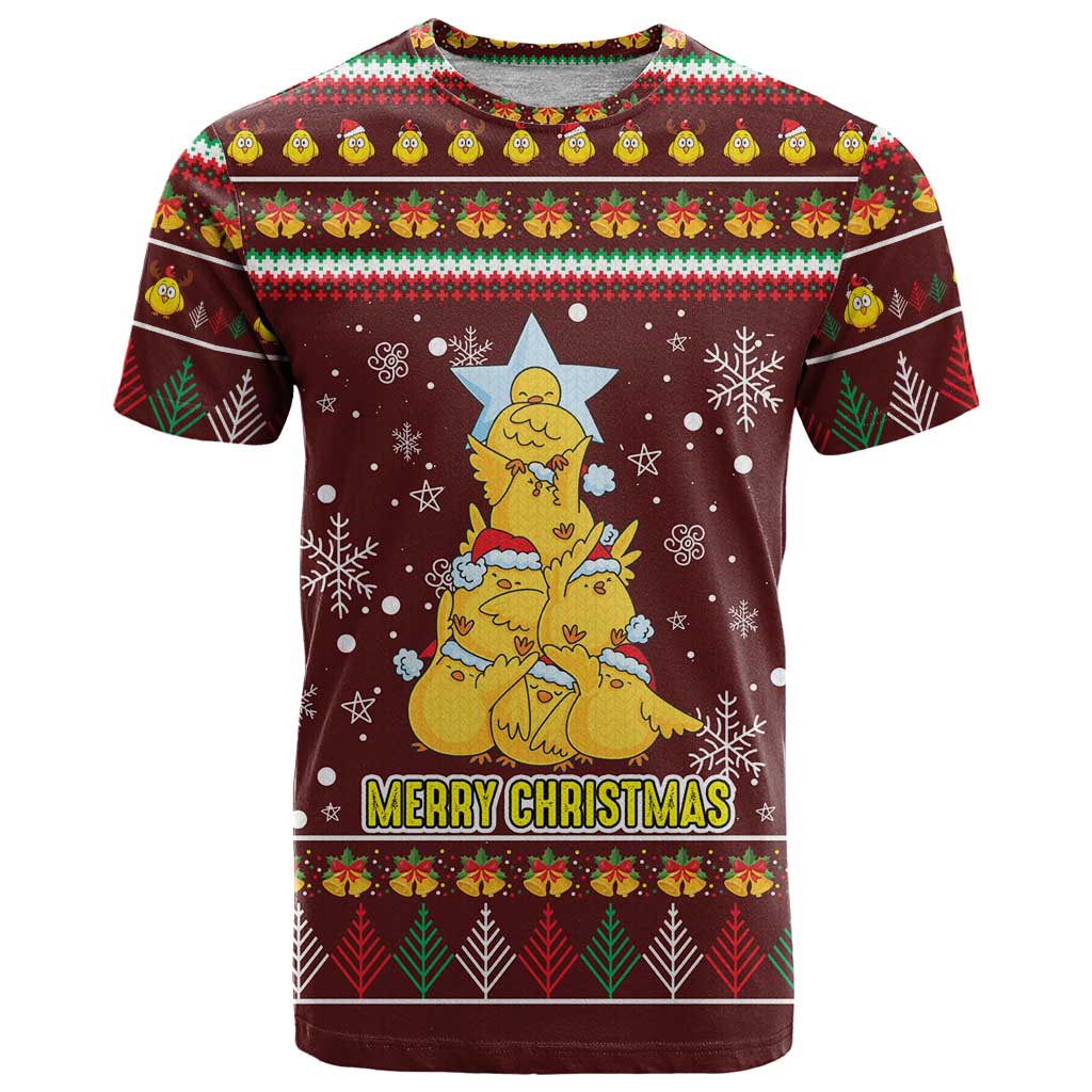 Merry Chickmas Christmas T-Shirt with Yellow Chickens Tree Design and Snowflake Pattern Graphic Tee