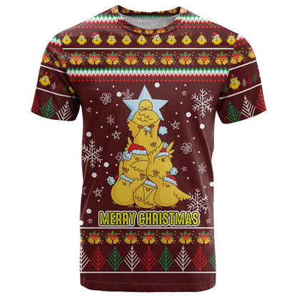 Merry Chickmas Christmas T-Shirt with Yellow Chickens Tree Design and Snowflake Pattern Graphic Tee
