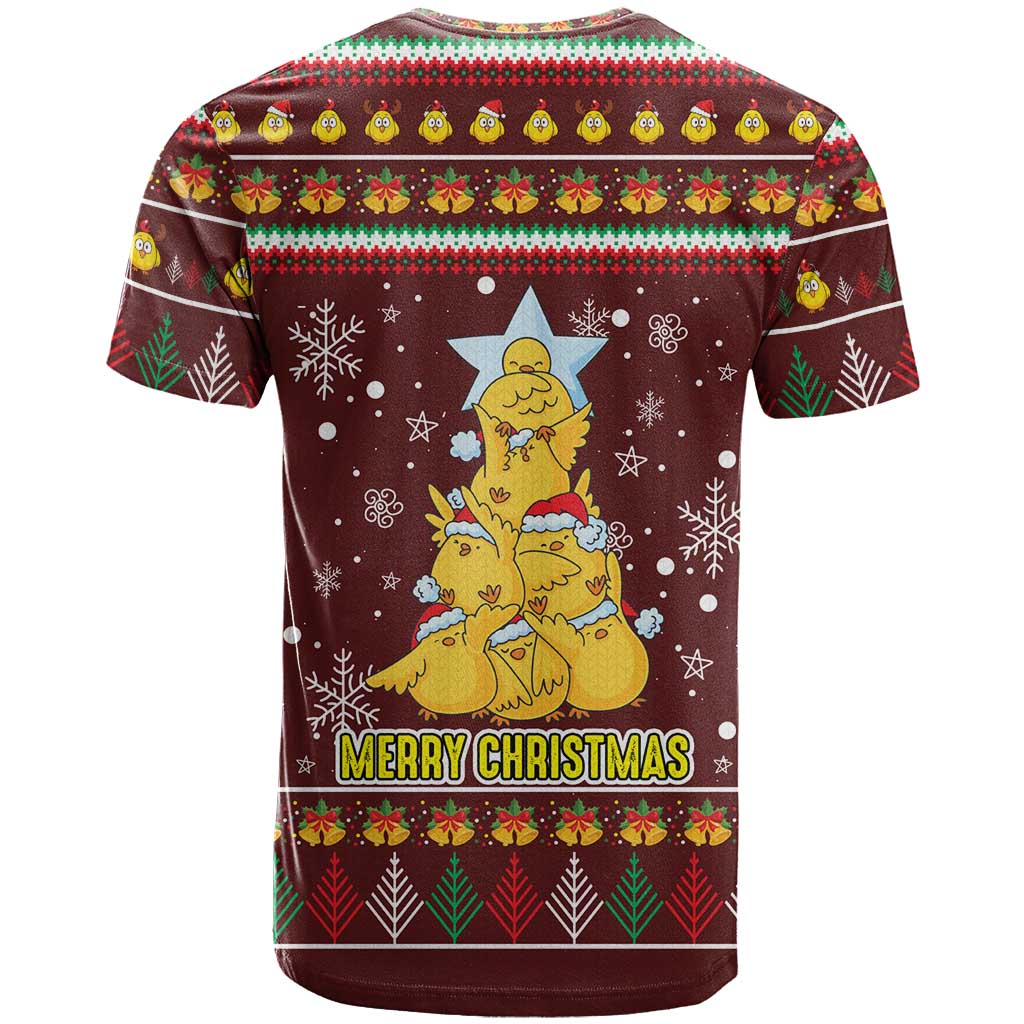 Merry Chickmas Christmas T-Shirt with Yellow Chickens Tree Design and Snowflake Pattern Graphic Tee