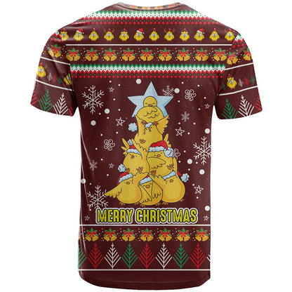 Merry Chickmas Christmas T-Shirt with Yellow Chickens Tree Design and Snowflake Pattern Graphic Tee