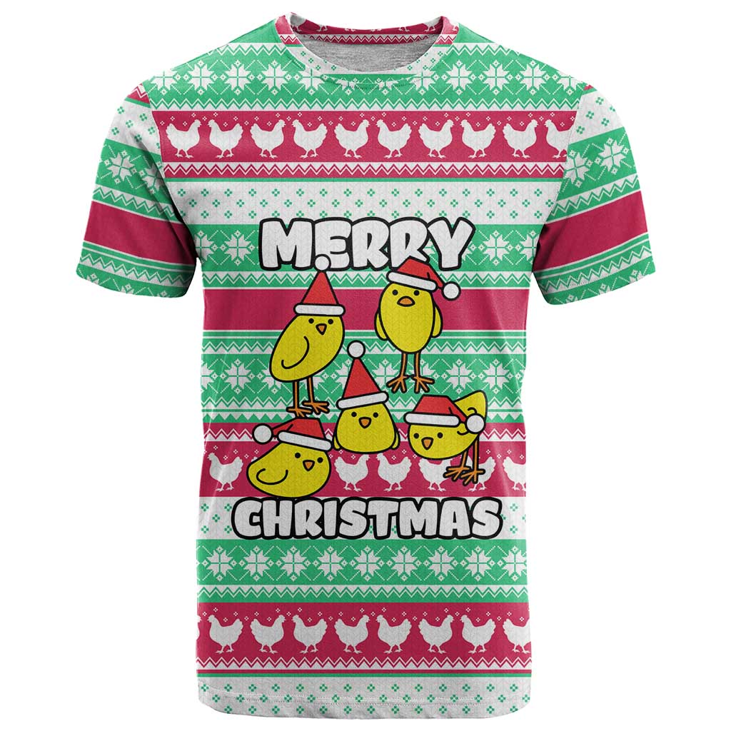 Merry Chickmas Christmas T-Shirt with Yellow Cartoon Birds in Santa Hats and Red Green Snowflake Pattern Graphic Tee