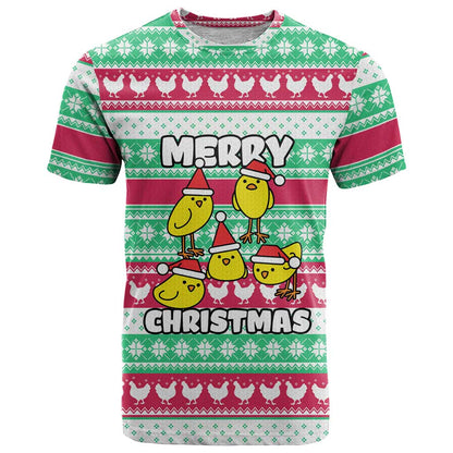 Merry Chickmas Christmas T-Shirt with Yellow Cartoon Birds in Santa Hats and Red Green Snowflake Pattern Graphic Tee