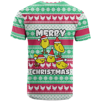 Merry Chickmas Christmas T-Shirt with Yellow Cartoon Birds in Santa Hats and Red Green Snowflake Pattern Graphic Tee