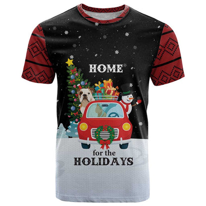 Merry Christmas Bulldog And Snowman T-Shirt Dog Snowman Christmas Tree and Red Car Winter Scene Graphic Tee